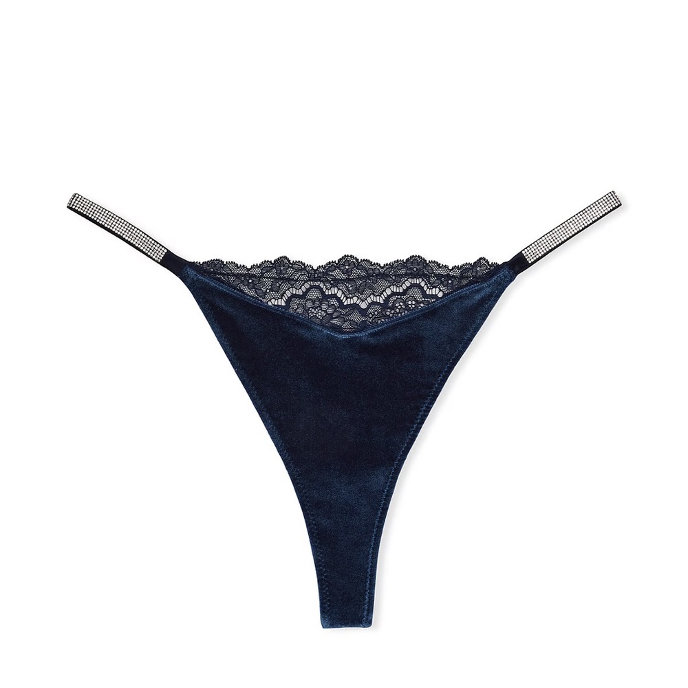 Victorias Secret ANGELS Lace & Velvet Shine Strap Rhinestone V-String thong navy - Picture 11 of 11